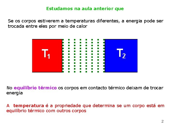 Estudamos na aula anterior que Se os corpos estiverem a temperaturas diferentes, a energia