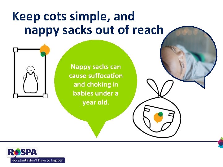 Keep cots simple, and nappy sacks out of reach Nappy sacks can cause suffocation