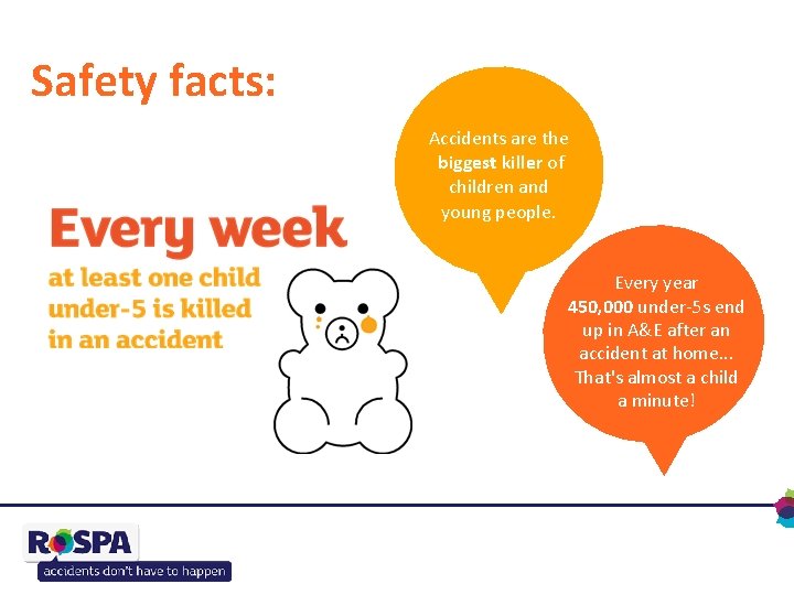 Safety facts: Accidents are the biggest killer of children and young people. Every year