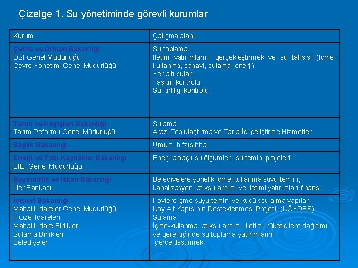 Çizelge 1. Su yönetiminde görevli kurumlar Kurum Çalışma alanı Çevre ve Orman Bakanlığı DSİ