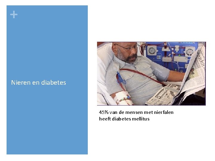 + Nieren en diabetes 45% van de mensen met nierfalen heeft diabetes mellitus 