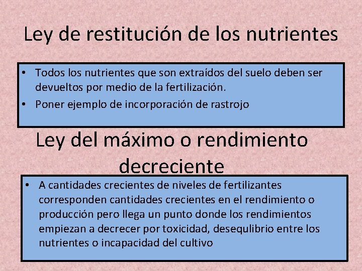 Ley de restitución de los nutrientes • Todos los nutrientes que son extraídos del Ley de restitución de los nutrientes • Todos los nutrientes que son extraídos del