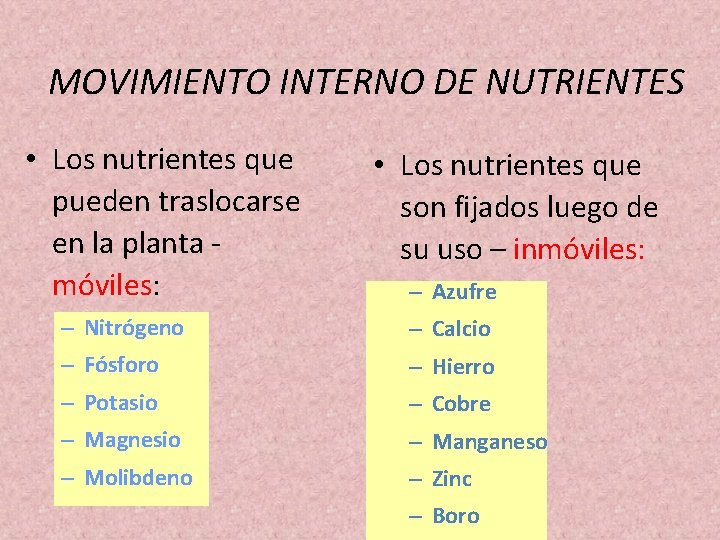 MOVIMIENTO INTERNO DE NUTRIENTES • Los nutrientes que pueden traslocarse en la planta móviles: MOVIMIENTO INTERNO DE NUTRIENTES • Los nutrientes que pueden traslocarse en la planta móviles: