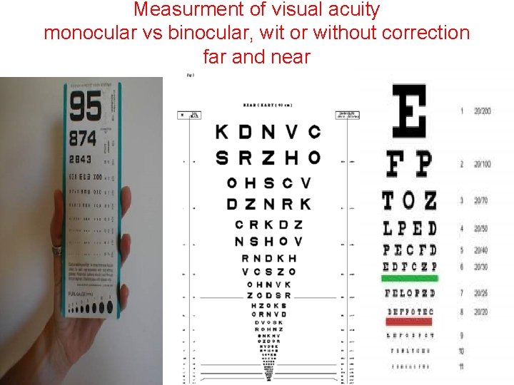 Measurment of visual acuity monocular vs binocular, wit or without correction far and near
