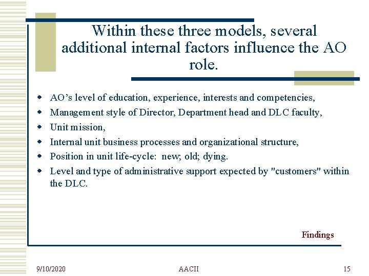 Within these three models, several additional internal factors influence the AO role. w w