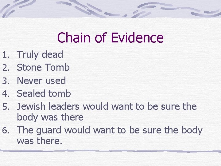 Chain of Evidence Truly dead Stone Tomb Never used Sealed tomb Jewish leaders would Chain of Evidence Truly dead Stone Tomb Never used Sealed tomb Jewish leaders would