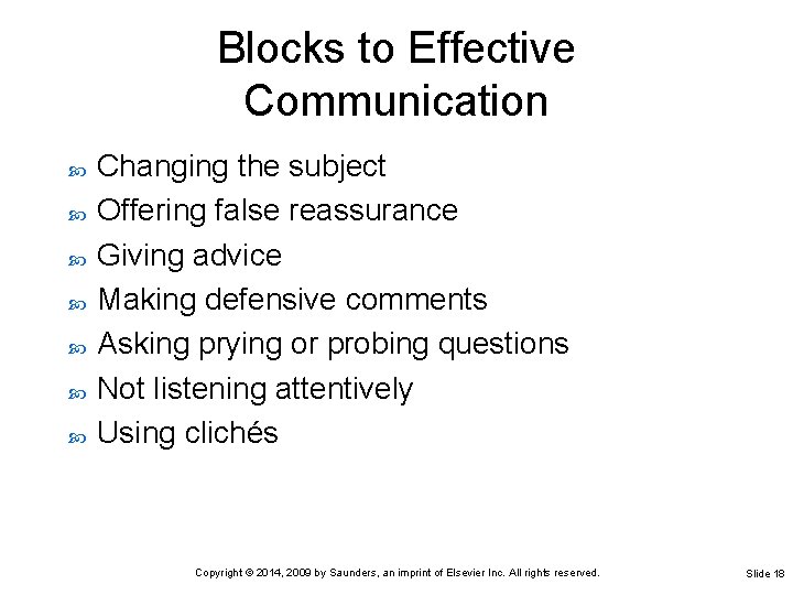 Blocks to Effective Communication Changing the subject Offering false reassurance Giving advice Making defensive