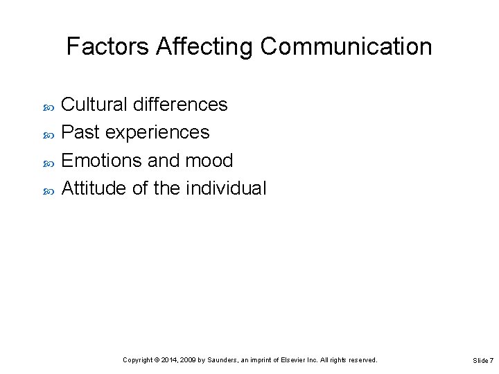 Factors Affecting Communication Cultural differences Past experiences Emotions and mood Attitude of the individual