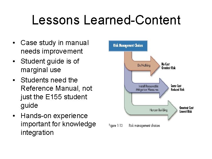 Lessons Learned-Content • Case study in manual needs improvement • Student guide is of