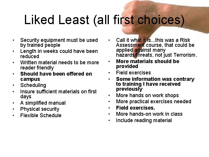 Liked Least (all first choices) • • • Security equipment must be used by
