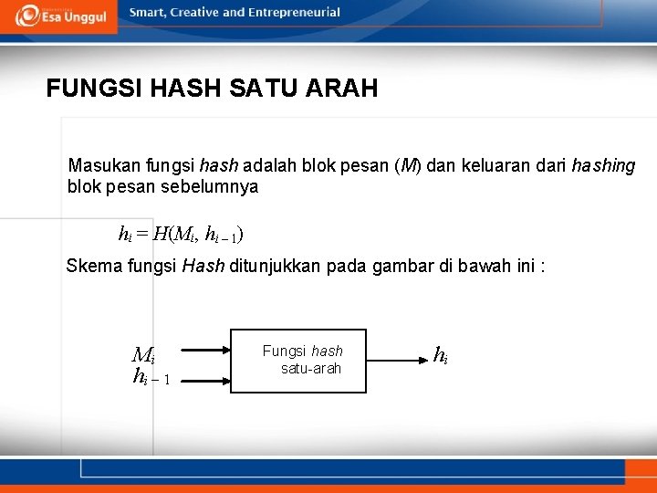 FUNGSI HASH SATU ARAH Masukan fungsi hash adalah blok pesan (M) dan keluaran dari