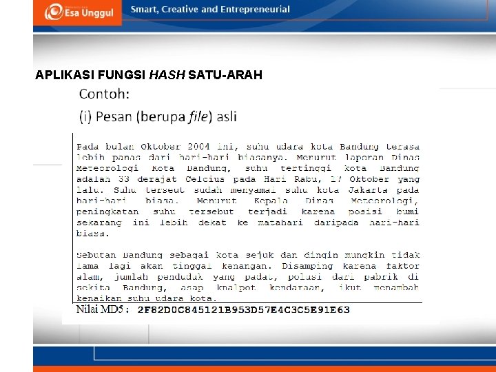 APLIKASI FUNGSI HASH SATU-ARAH 