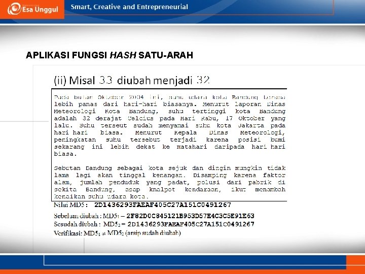 APLIKASI FUNGSI HASH SATU-ARAH 