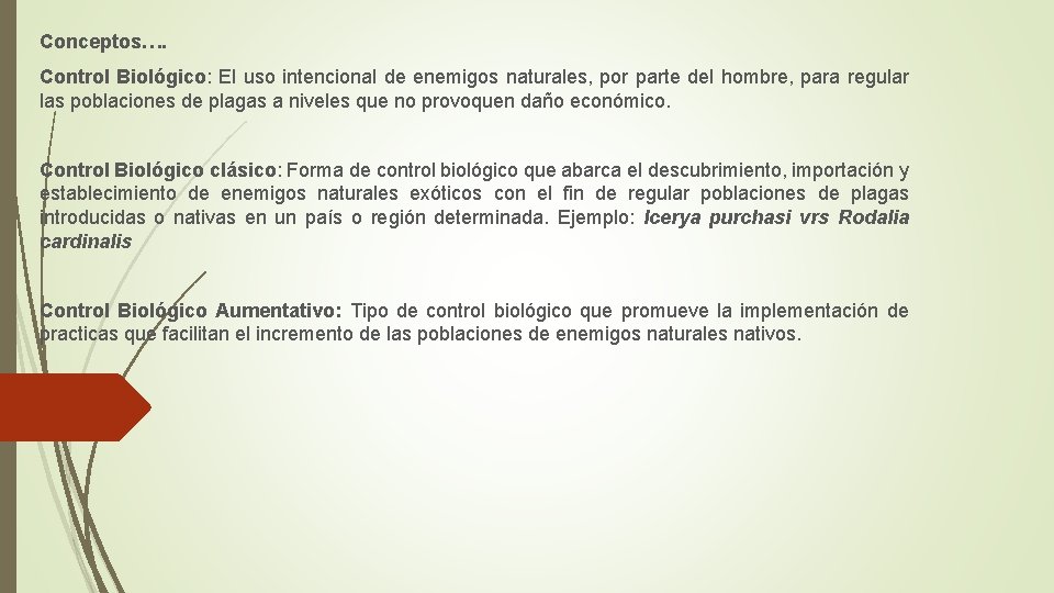 Conceptos…. Control Biológico: El uso intencional de enemigos naturales, por parte del hombre, para