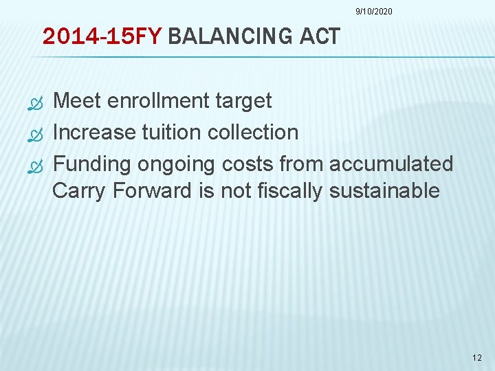 9/10/2020 2014 -15 FY BALANCING ACT Meet enrollment target Increase tuition collection Funding ongoing