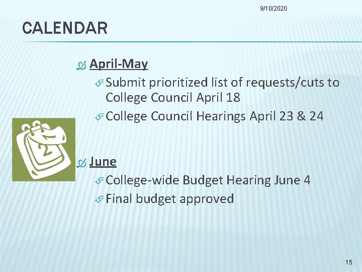 9/10/2020 CALENDAR April-May Submit prioritized list of requests/cuts to College Council April 18 College