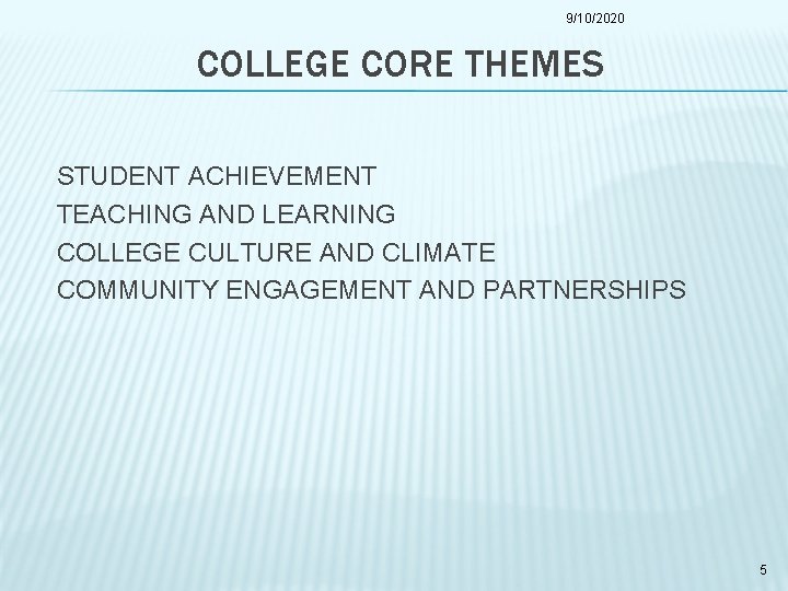 9/10/2020 COLLEGE CORE THEMES STUDENT ACHIEVEMENT TEACHING AND LEARNING COLLEGE CULTURE AND CLIMATE COMMUNITY