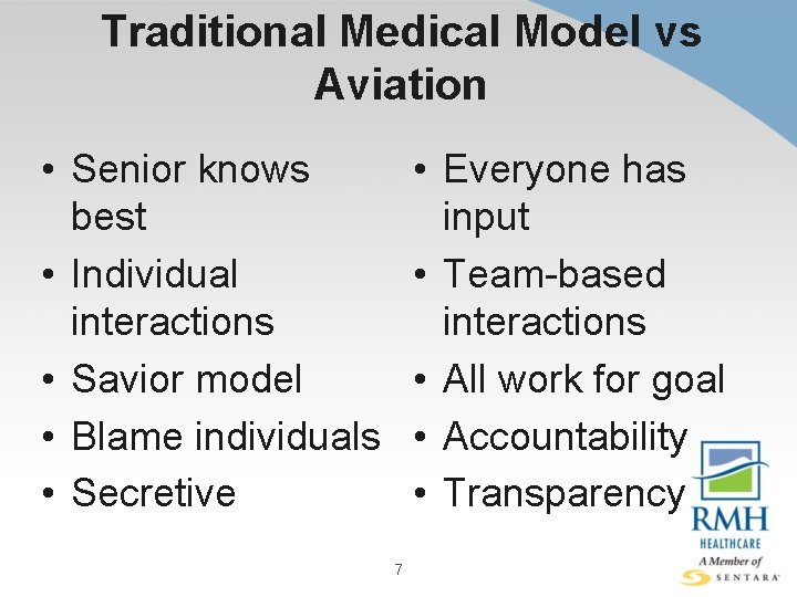Traditional Medical Model vs Aviation • Senior knows best • Individual interactions • Savior