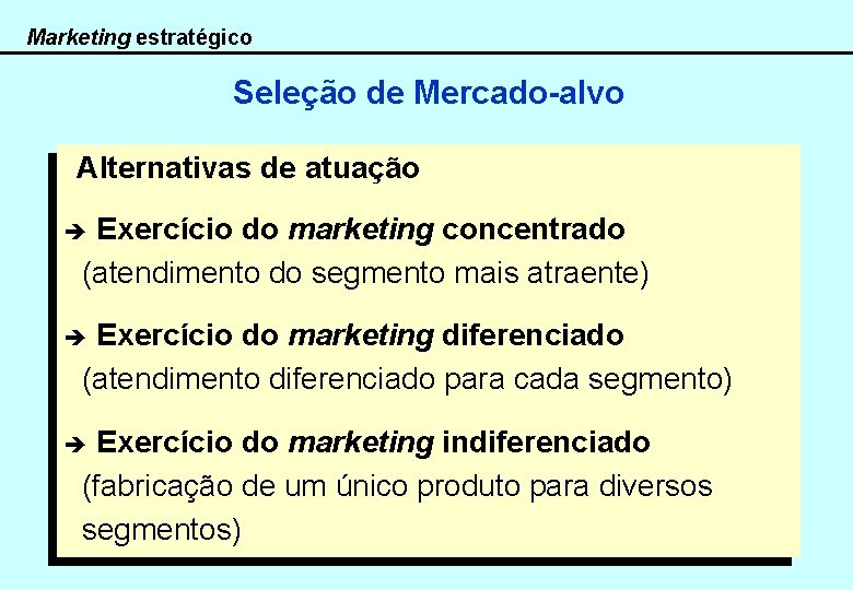 Marketing estratégico Seleção de Mercado-alvo Alternativas de atuação Exercício do marketing concentrado (atendimento do