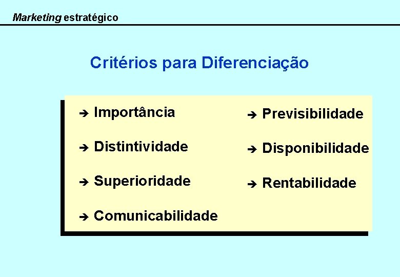 Marketing estratégico Critérios para Diferenciação è Importância è Previsibilidade è Distintividade è Disponibilidade è