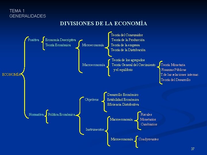 TEMA 1 GENERALIDADES DIVISIONES DE LA ECONOMÍA Positiva Economía Descriptiva Teoría Económica Microeconomía Macroeconomía