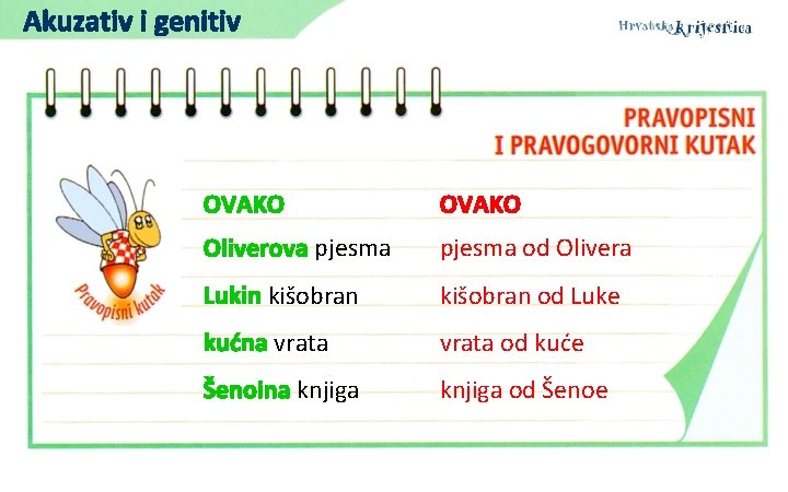 Akuzativ i genitiv OVAKO Oliverova pjesma od Olivera Lukin kišobran od Luke kućna vrata