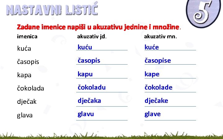 Zadane imenice napiši u akuzativu jednine i množine. imenica akuzativ jd. akuzativ mn. kuća