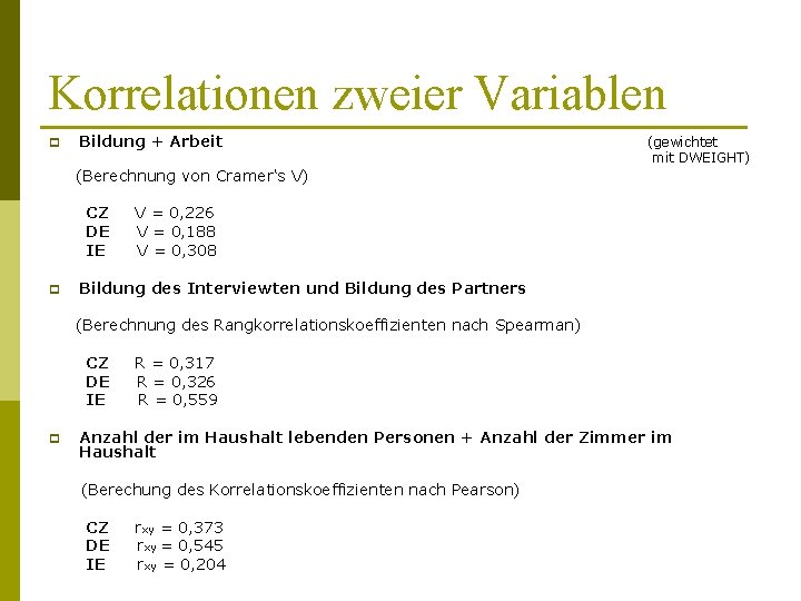 Korrelationen zweier Variablen p Bildung + Arbeit (Berechnung von Cramer‘s V) CZ DE IE