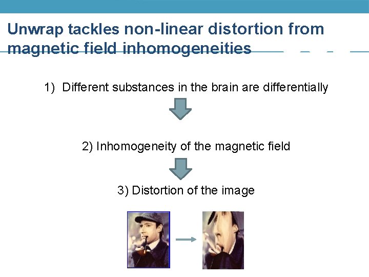 Unwrap tackles non-linear distortion from magnetic field inhomogeneities 1) Different substances in the brain Unwrap tackles non-linear distortion from magnetic field inhomogeneities 1) Different substances in the brain