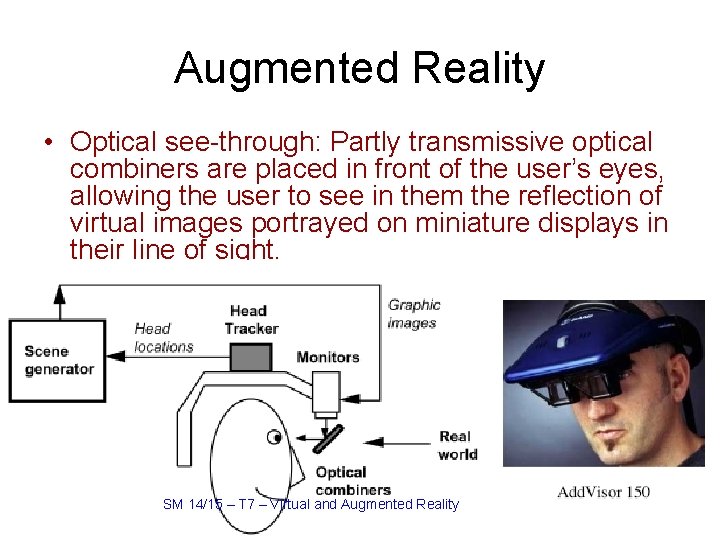 Augmented Reality • Optical see-through: Partly transmissive optical combiners are placed in front of