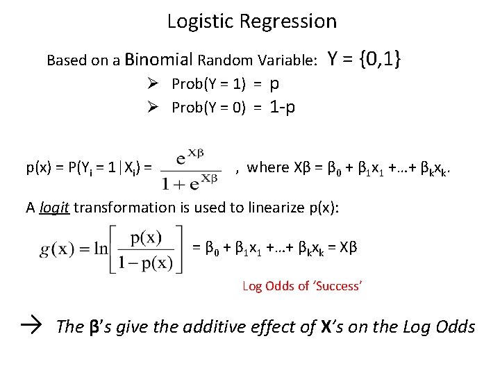 Logistic Regression Based on a Binomial Random Variable: Ø Prob(Y = 1) = p