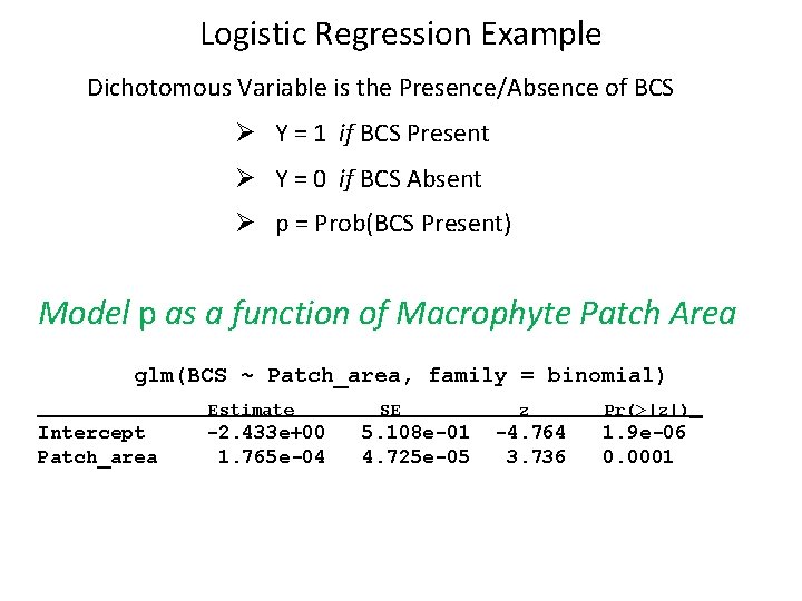 Logistic Regression Example Dichotomous Variable is the Presence/Absence of BCS Ø Y = 1