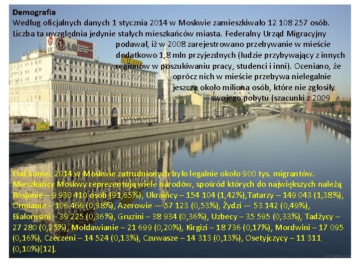 Demografia Według oficjalnych danych 1 stycznia 2014 w Moskwie zamieszkiwało 12 108 257 osób.