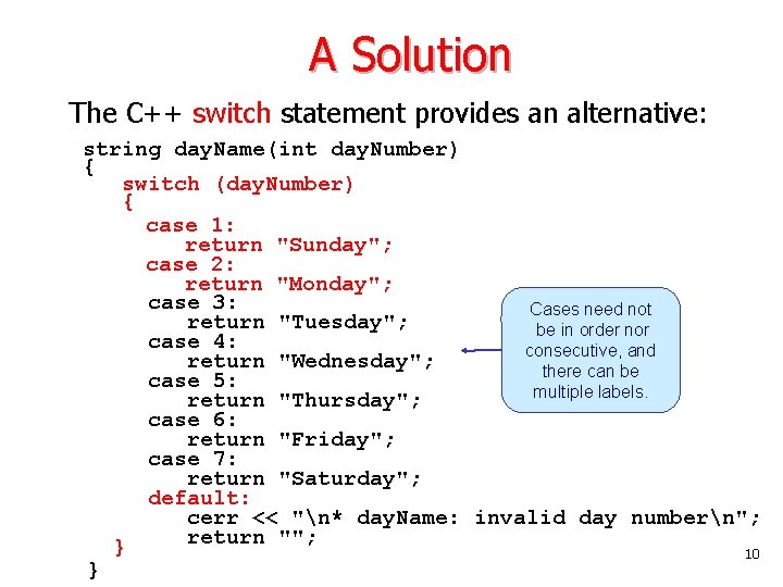 A Solution The C++ switch statement provides an alternative: string day. Name(int day. Number)
