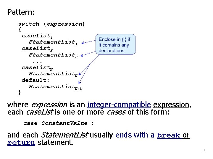 Pattern: switch (expression) { case. List 1 Statement. List 1 case. List 2 Statement.