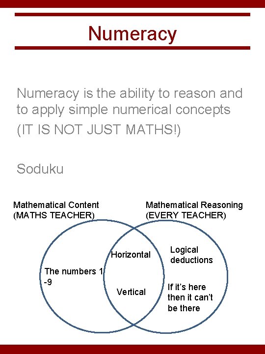 Numeracy is the ability to reason and to apply simple numerical concepts (IT IS
