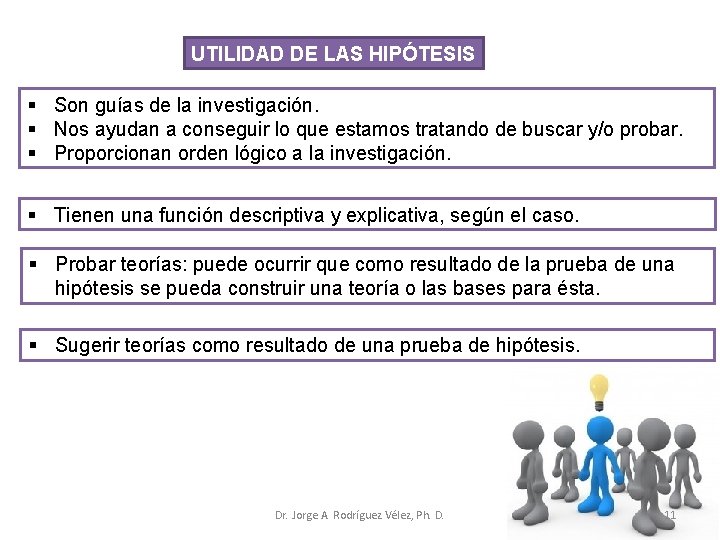 UTILIDAD DE LAS HIPÓTESIS § Son guías de la investigación. § Nos ayudan a