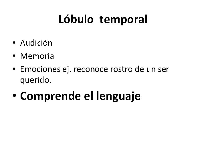 Lóbulo temporal • Audición • Memoria • Emociones ej. reconoce rostro de un ser