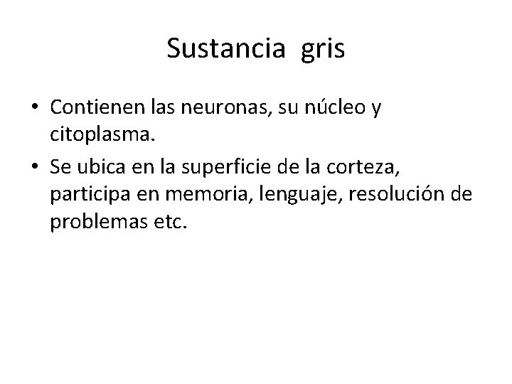 Sustancia gris • Contienen las neuronas, su núcleo y citoplasma. • Se ubica en