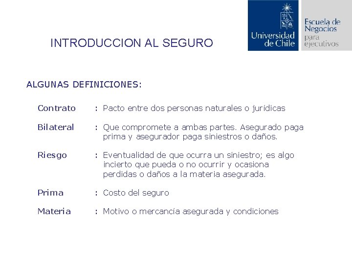 INTRODUCCION AL SEGURO ALGUNAS DEFINICIONES: Contrato : Pacto entre dos personas naturales o jurídicas