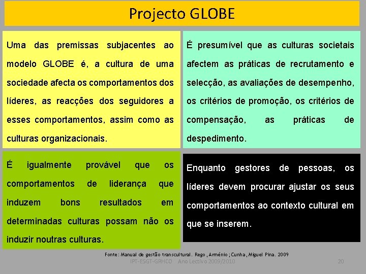 Projecto GLOBE Uma das premissas subjacentes ao É presumível que as culturas societais modelo