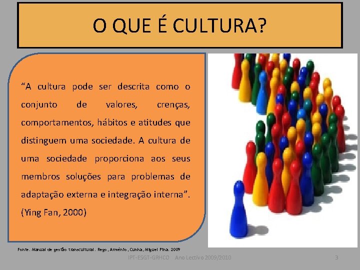 O QUE É CULTURA? “A cultura pode ser descrita como o conjunto de valores,