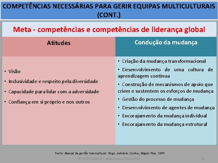 COMPETÊNCIAS NECESSÁRIAS PARA GERIR EQUIPAS MULTICULTURAIS (CONT. ) Meta - competências e competências de