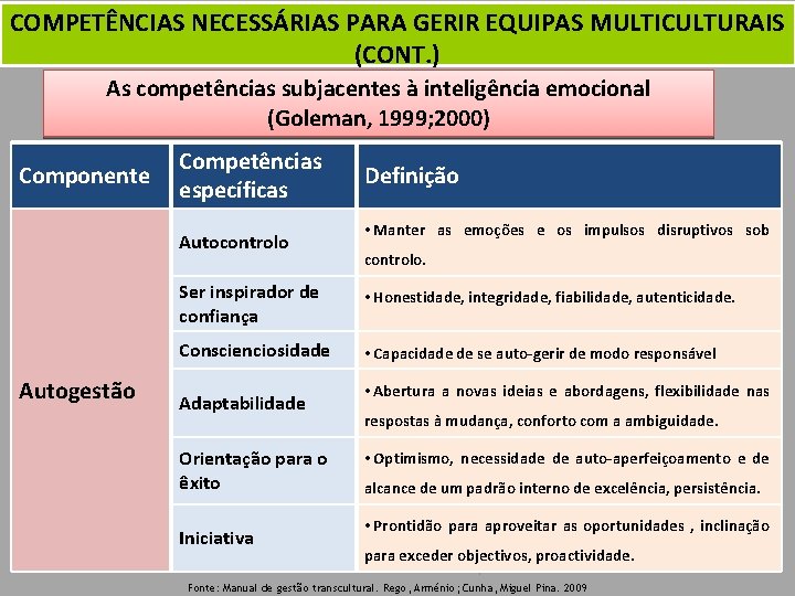 COMPETÊNCIAS NECESSÁRIAS PARA GERIR EQUIPAS MULTICULTURAIS (CONT. ) As competências subjacentes à inteligência emocional