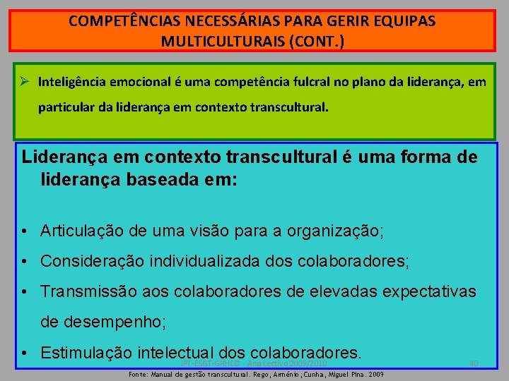 COMPETÊNCIAS NECESSÁRIAS PARA GERIR EQUIPAS MULTICULTURAIS (CONT. ) Ø Inteligência emocional é uma competência