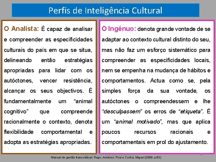 Perfis de Inteligência Cultural O Analista: É capaz de analisar O Ingénuo: denota grande