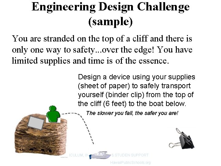 Engineering Design Challenge (sample) You are stranded on the top of a cliff and