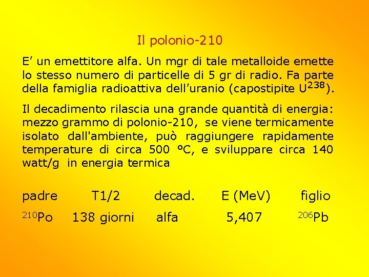 Il polonio-210 E’ un emettitore alfa. Un mgr di tale metalloide emette lo stesso