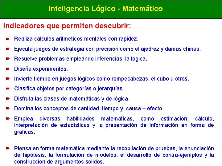 Inteligencia Lógico - Matemático Indicadores que permiten descubrir: Realiza cálculos aritméticos mentales con rapidez. Inteligencia Lógico - Matemático Indicadores que permiten descubrir: Realiza cálculos aritméticos mentales con rapidez.