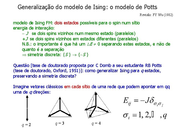 Generalização do modelo de Ising: o modelo de Potts Revisão: FY Wu (1982) modelo